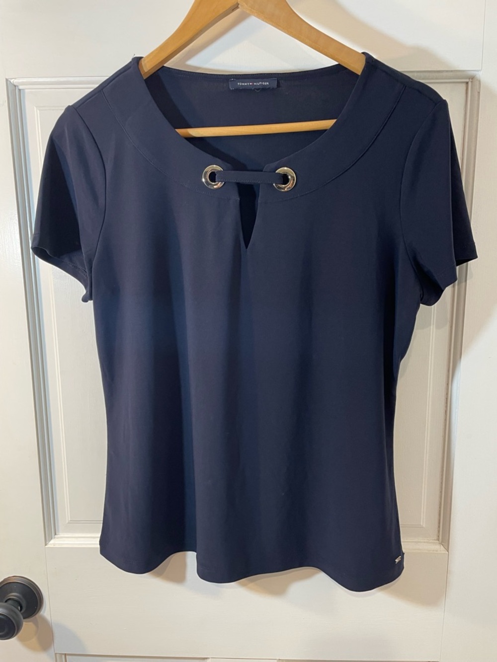 Tommy Hilfiger Navy Short Sleeve Top with Grommet Neck Detail size small
